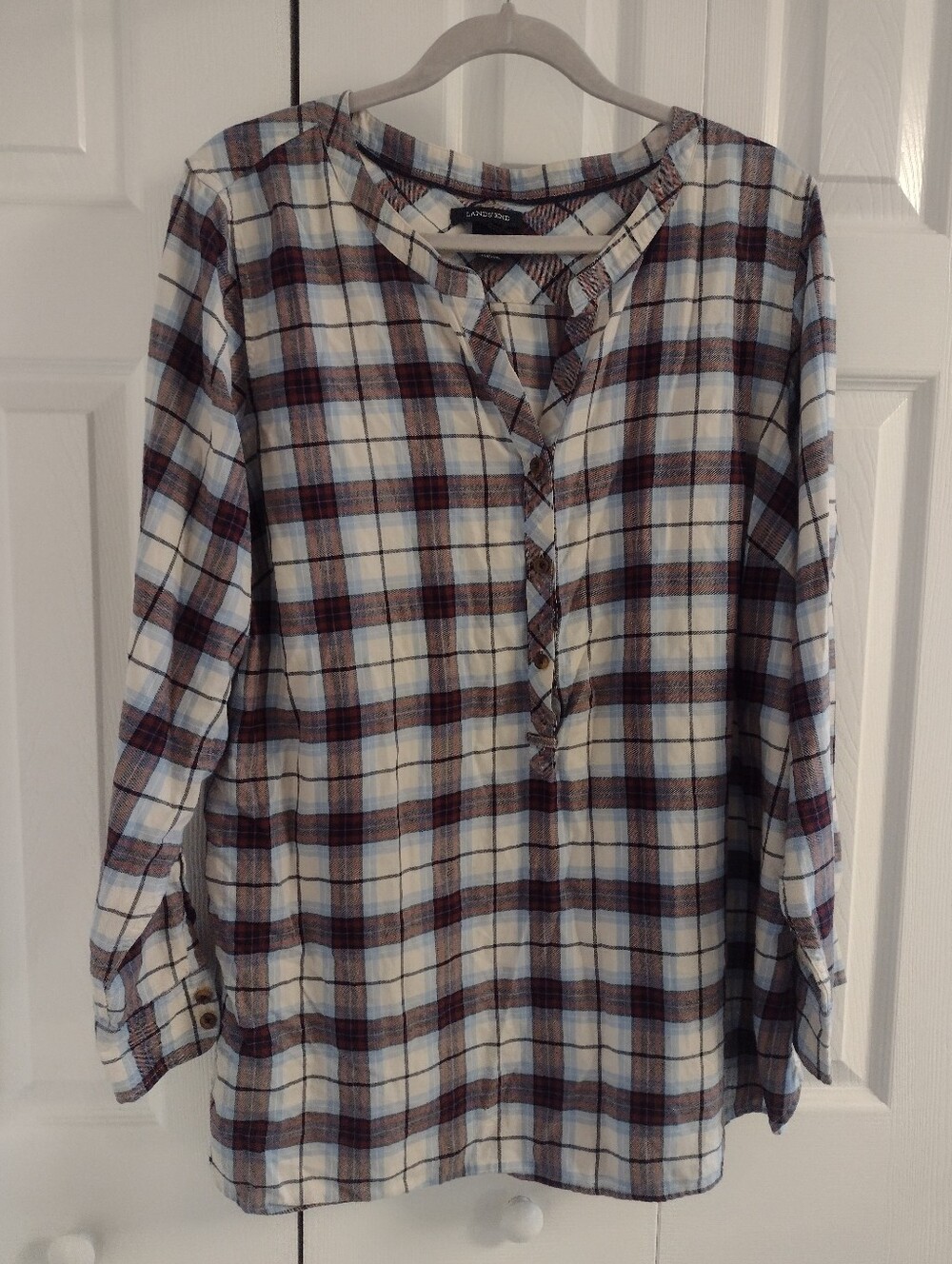 Lands' End Plaid 100% Cotton Henley Tunic in Blue and Red. Women's 18W